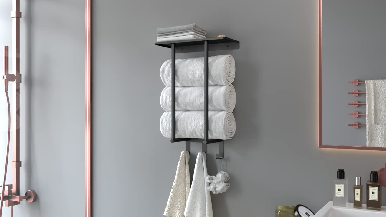 Bethom Towel Rack With Metal Shelf And 3 Hooks For Small Bathroom, Towel Storage Wall Can Holds Up To 3 Large Size(63X40 Inch) O